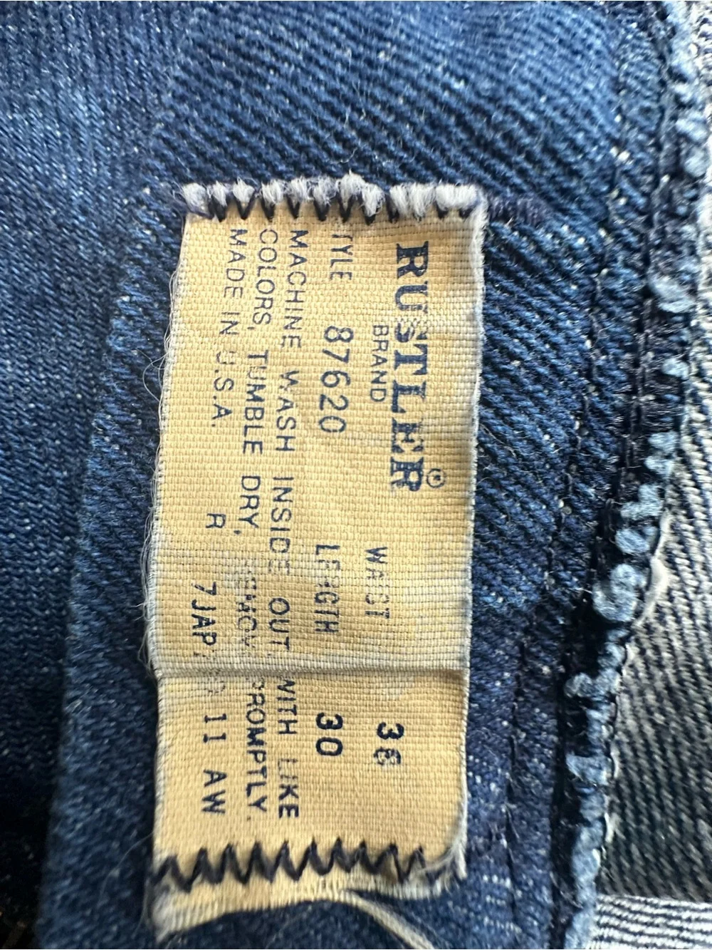 Vtg 70s 80s Rustler Mens Jeans 38x30 USA Made Talon 42 Zip Dark Denim Workwear⁠